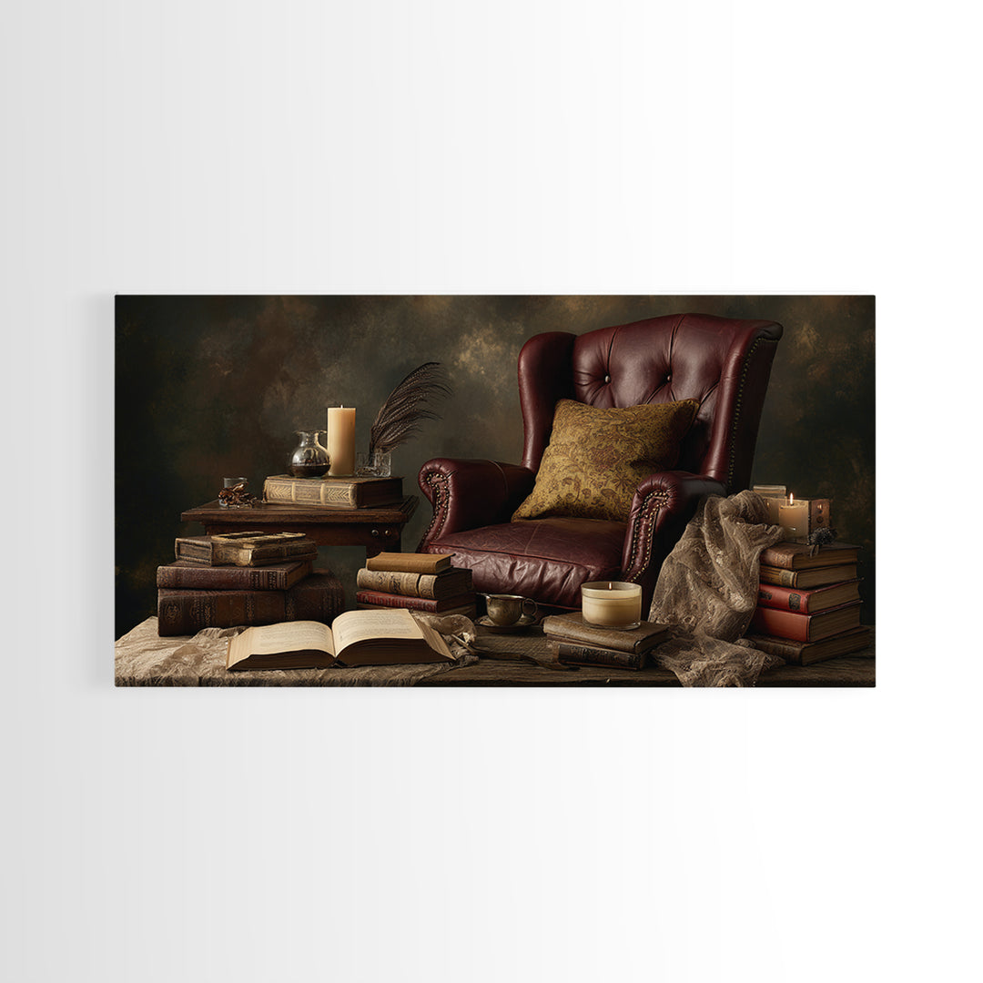 Cozy Reading Chair Still Life Without Room Framed Canvas Print, Bookstore Art, Painting, Bookstore Decor, Fine Art, Literary, BOO-2x1-25