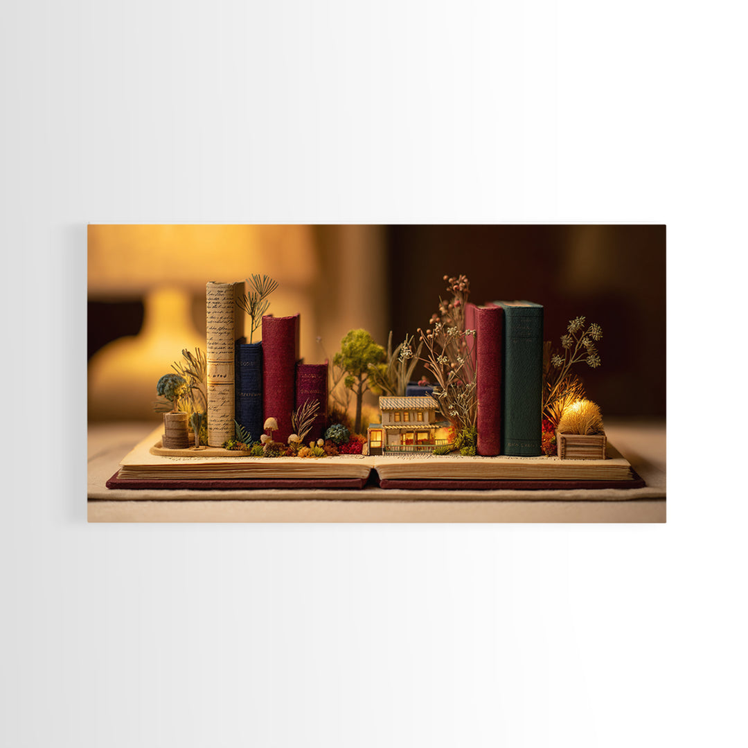 Miniature Garden Growing from an Open Book Canvas Print, Bookstore Art, Textured Painting, Bookstore Decor, Fine Art, Literary, BOO-2x1-66