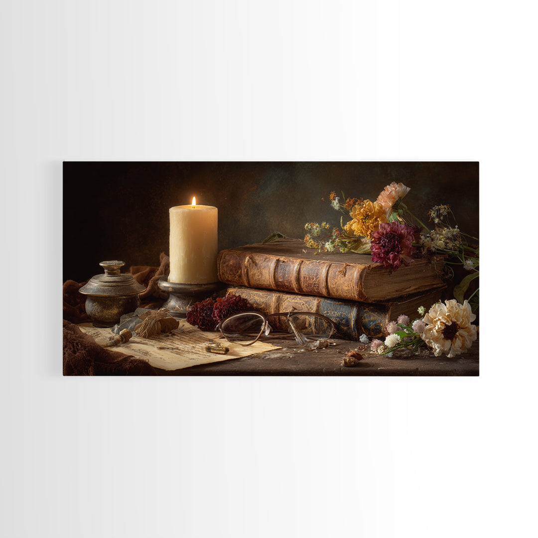 Dark Academia Candle and Book Still Life Canvas Print, Bookstore Art, Contemporary Art, Bookstore Decor, Fine Art, Literary, BOO-2x1-78