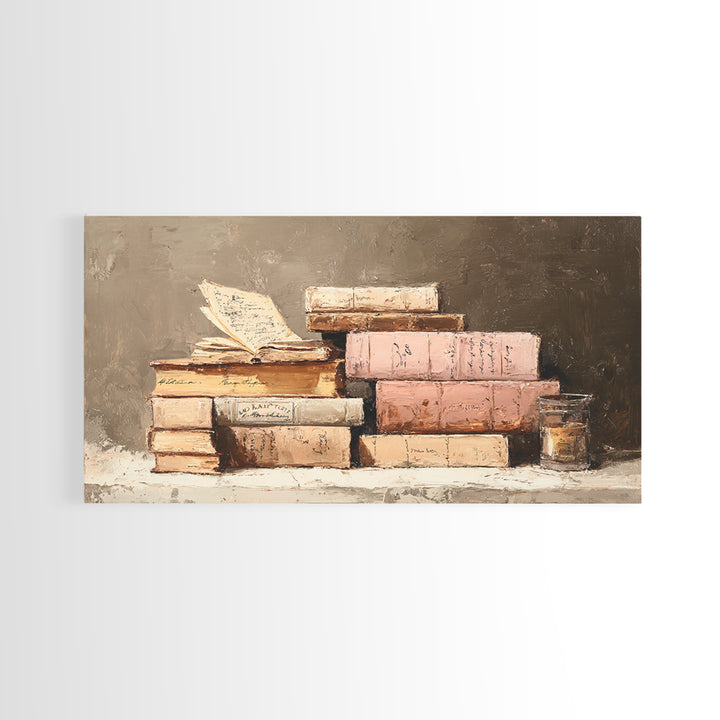 Warm Sepia Book Pile Framed Canvas Print, Bookstore Art, Book Art, Bookstore Decor, Oil Painting, Literary, Feminine Wall Art, BOO-2x1-92