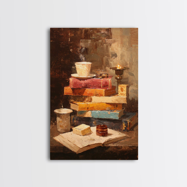 Rainy Day Reading Still Life Framed Canvas Print, Bookstore Art, Pink Wall Art, Bookstore Decor, Oil Painting, Literary, BOO-2x3-53