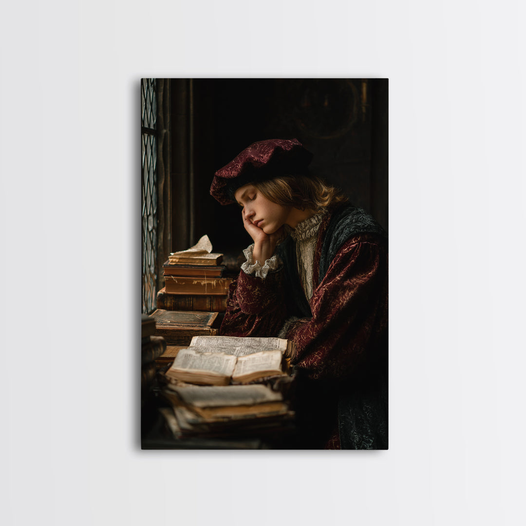 Renaissance Scholar Portrait Canvas Print, Bookstore Art, Autumn Decor, Bookstore Decor, Oil Painting, Literary, BOO-2x3-7