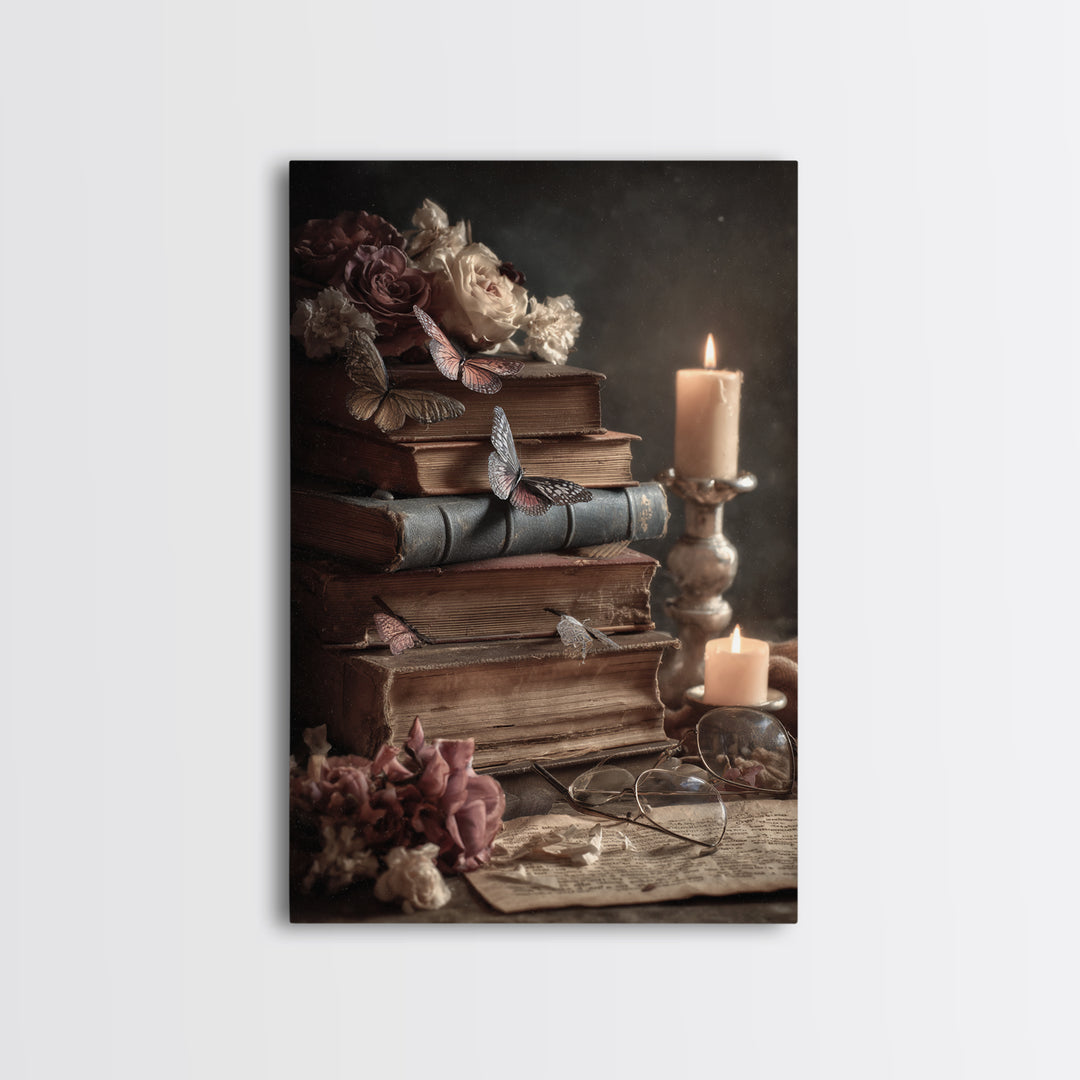 Open Book Releasing Painted Butterflies Framed Canvas Print, Bookstore Art, Autumn Decor, Bookstore Decor, Fine Art, Literary, BOO-2x3-84
