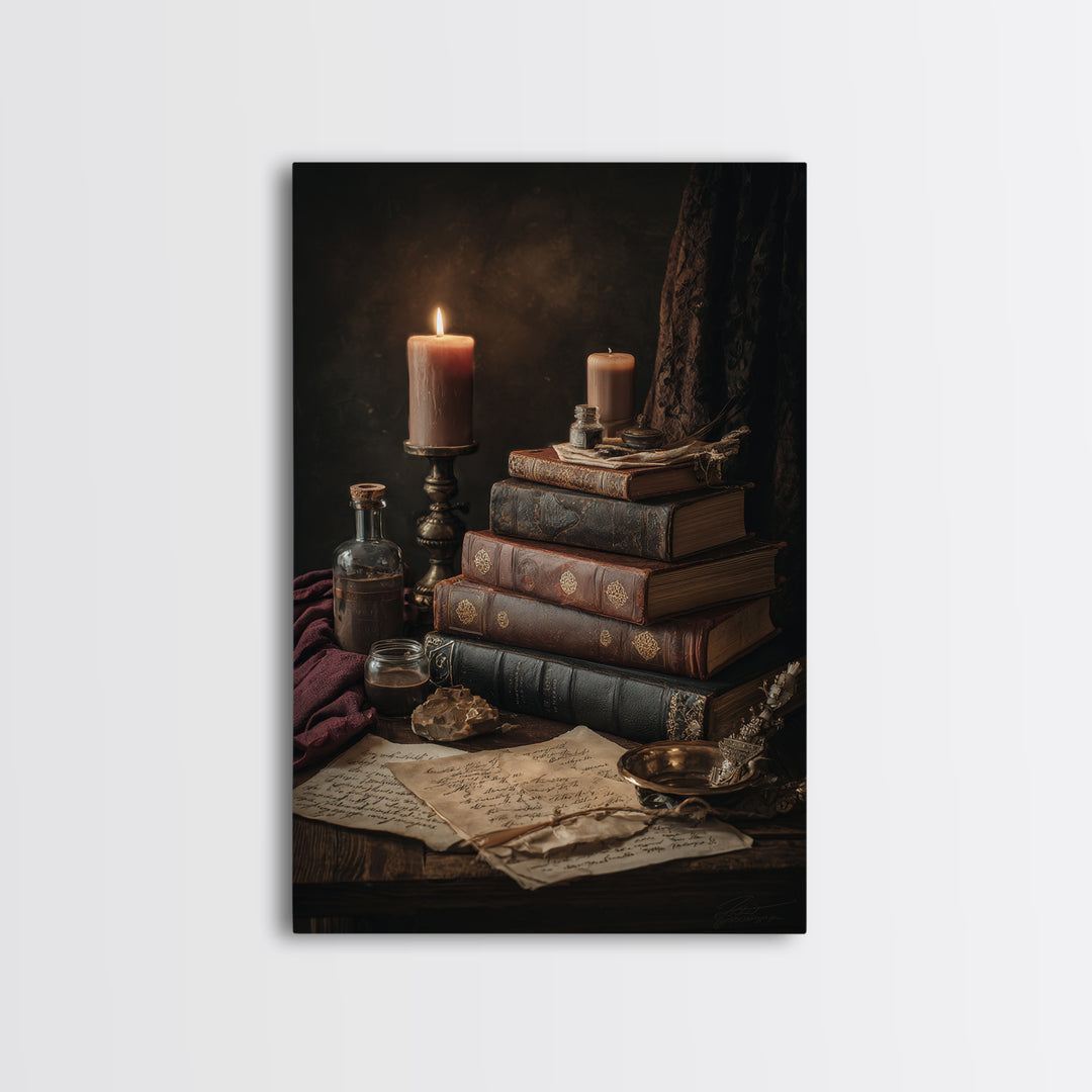 Dark Academia Candle and Book Still Life Framed Canvas Print, Bookstore Art, Pink Wall Art, Bookstore Decor, Fine Art, Literary, BOO-2x3-90