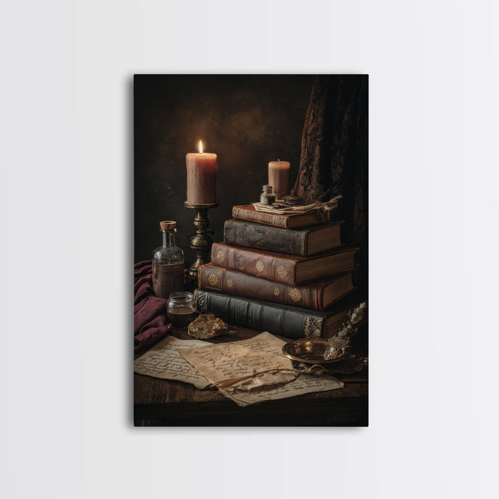Dark Academia Candle and Book Still Life Framed Canvas Print, Bookstore Art, Pink Wall Art, Bookstore Decor, Fine Art, Literary, BOO-2x3-90