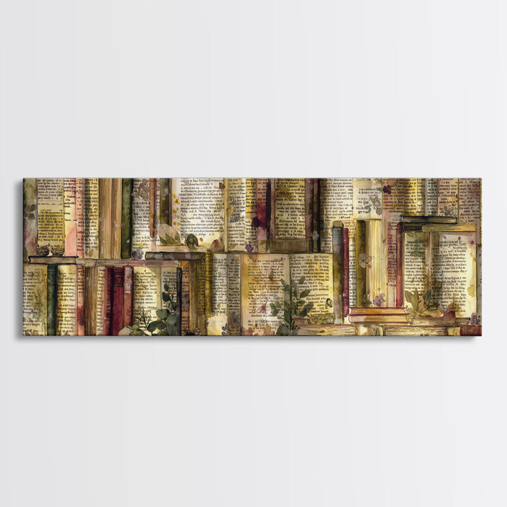 Pressed Flowers Between Book Pages Canvas Print, Bookstore Art, Luxury Decor, Bookstore Decor, Oil Painting, Literary, BOO-3x1-35