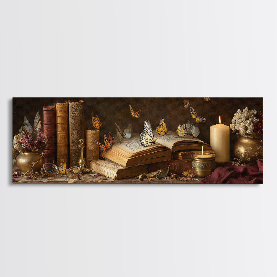 Open Book Releasing Painted Butterflies Framed Canvas Print, Bookstore Art, Wall Decor, Bookstore Decor, Fine Art, Literary, BOO-3x1-44