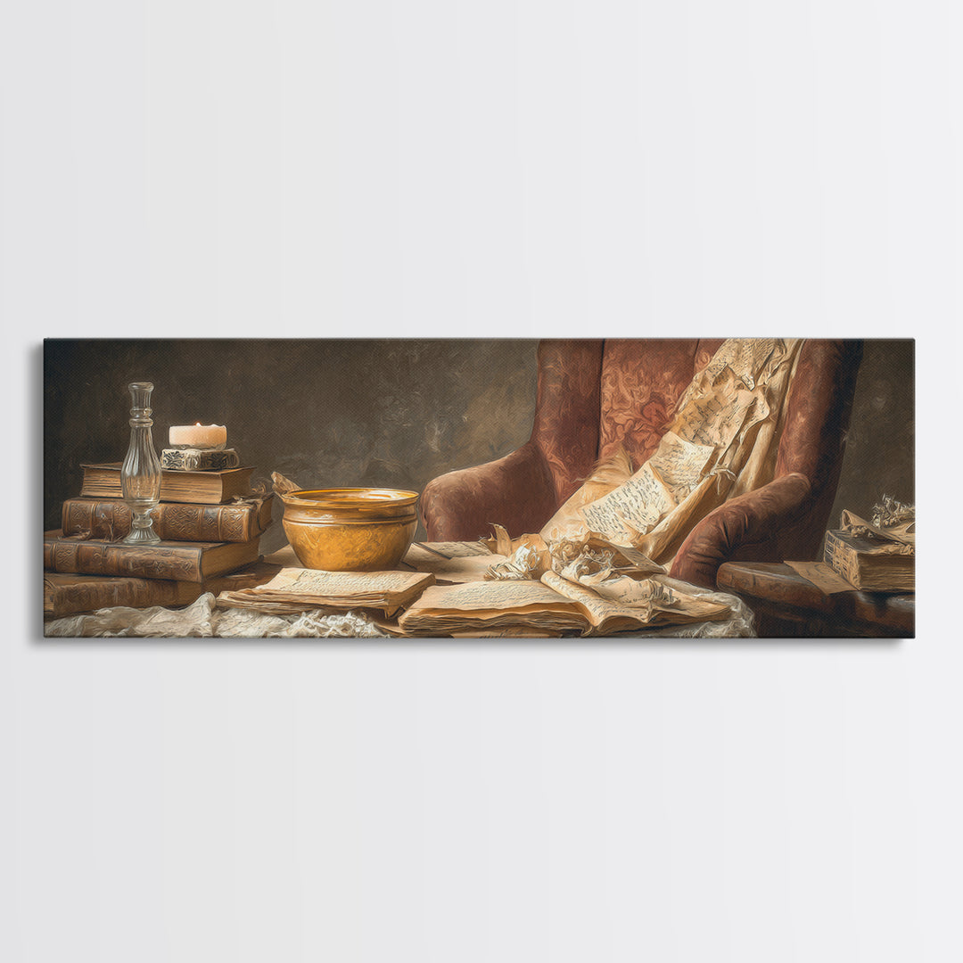 Cozy Reading Chair Still Life Without Room Framed Canvas Print, Bookstore Art, Urban Wall Art, Bookstore Decor, Literary, BOO-3x1-69