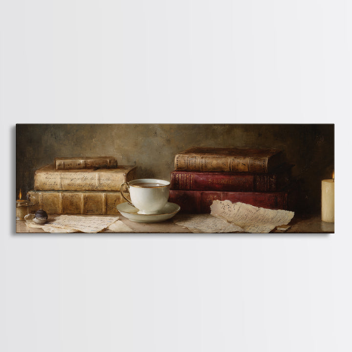 Teacup Beside a Worn Leather Bound Book Framed Canvas Print, Bookstore Art, Home Decor, Bookstore Decor, Fine Art, Literary, BOO-3x1-72