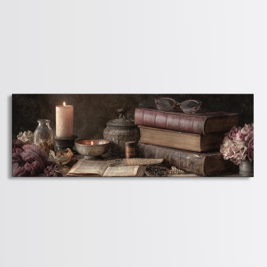 Dark Academia Candle and Book Still Life Framed Canvas Print, Bookstore Art, Office Art, Bookstore Decor, Oil Painting, BOO-3x1-74