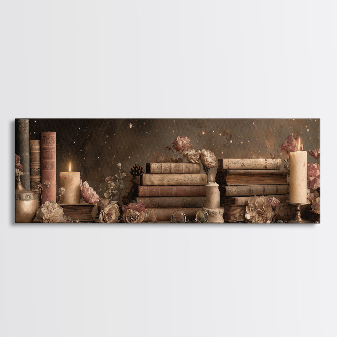 Moonlit Book with Tiny Stars Rising Canvas Print, Bookstore Art, Autumn Decor, Bookstore Decor, Literary, Statement Artwork, BOO-3x1-8