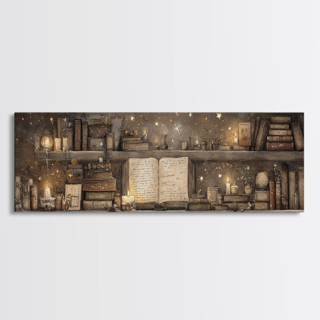 Moonlit Book with Tiny Stars Rising Canvas Print, Bookstore Art, Art Print, Bookstore Decor, Literary, Gallery Wall Art, BOO-3x1-80