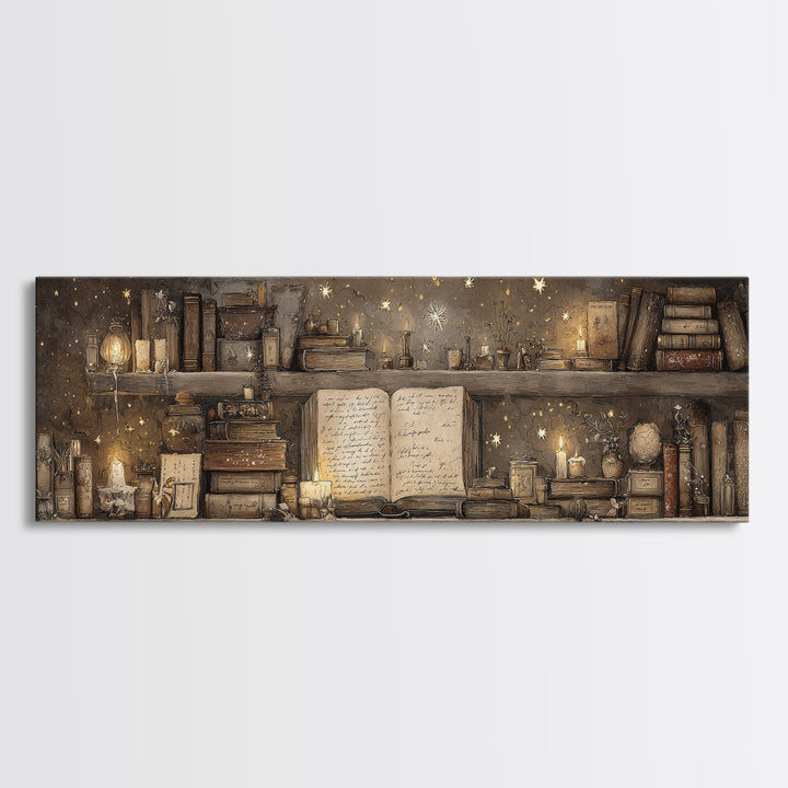 Moonlit Book with Tiny Stars Rising Canvas Print, Bookstore Art, Art Print, Bookstore Decor, Literary, Gallery Wall Art, BOO-3x1-80