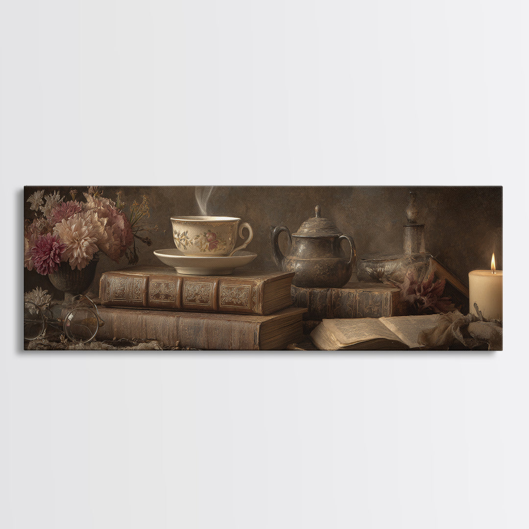 Teacup Beside a Worn Leather Bound Book Canvas Print, Bookstore Art, Wall Decor, Bookstore Decor, Fine Art, Literary, BOO-3x1-96
