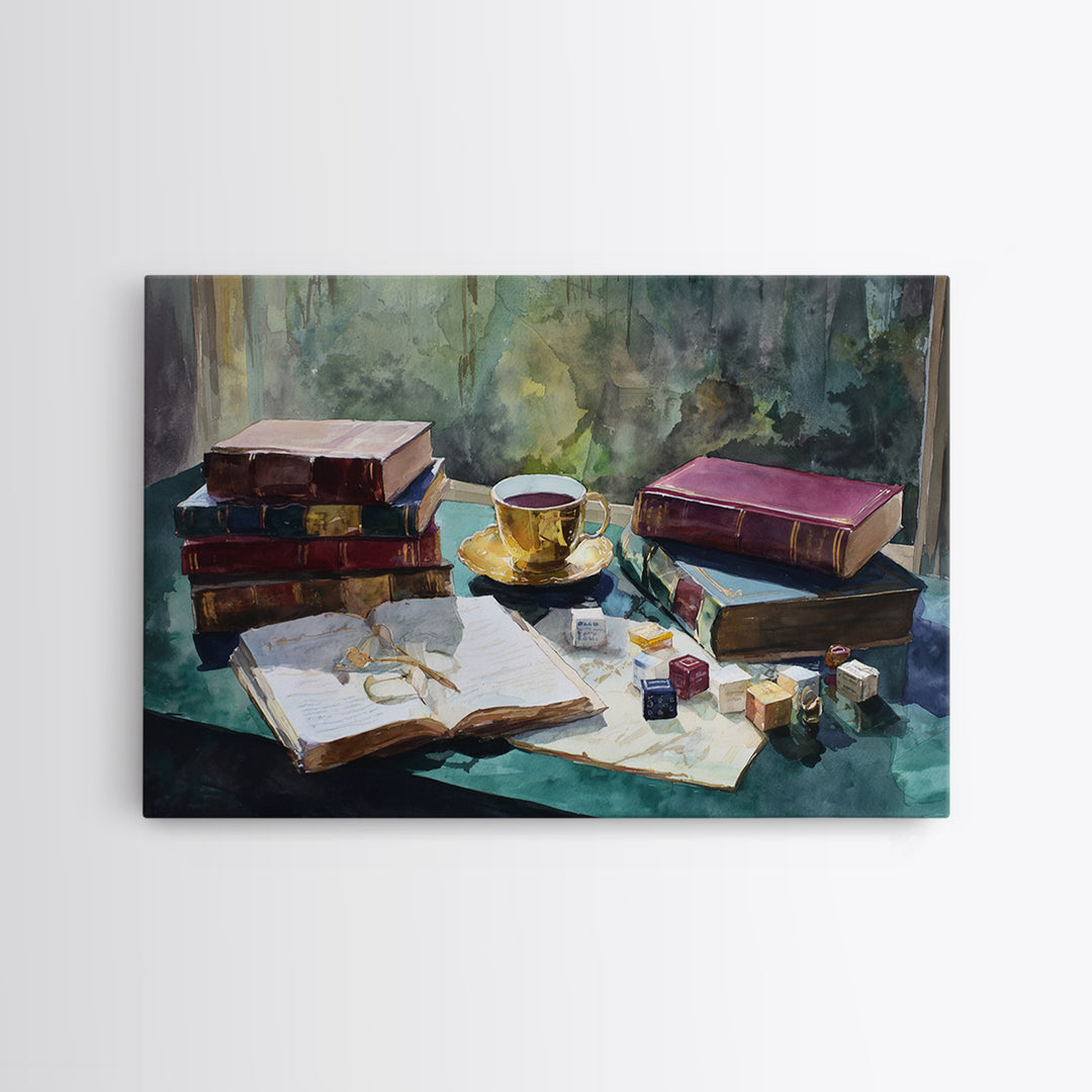 Rainy Day Reading Still Life Canvas Print, Bookstore Art, Vertical Wall Art, Bookstore Decor, Literary, Valentines Decor, BOO-3x2-1