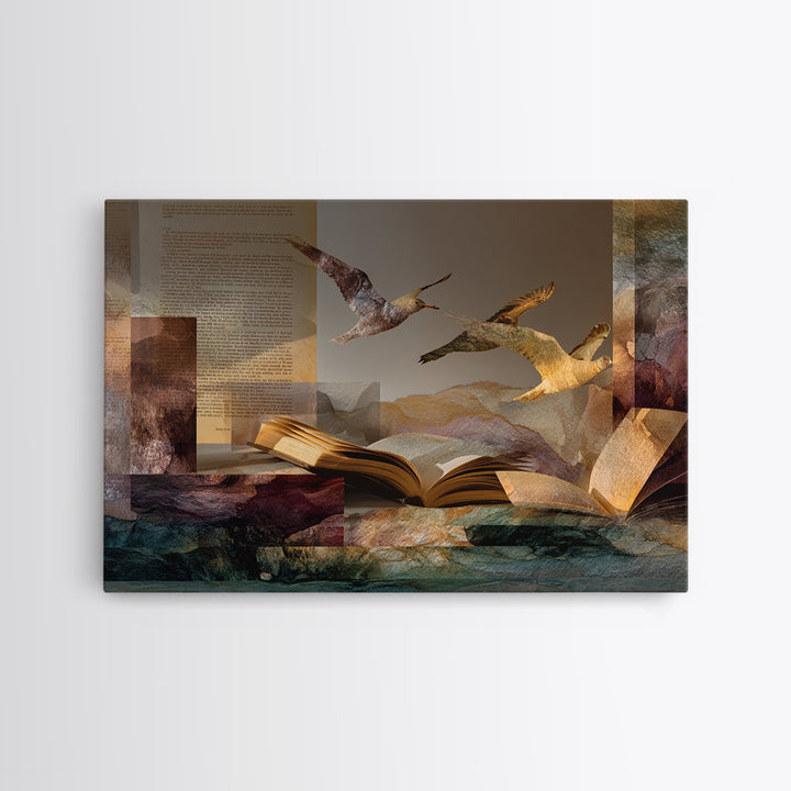 Flying Pages Transforming into Birds Canvas Print, Bookstore Art, Office Art, Bookstore Decor, Literary, Pastel Wall Art, BOO-3x2-17