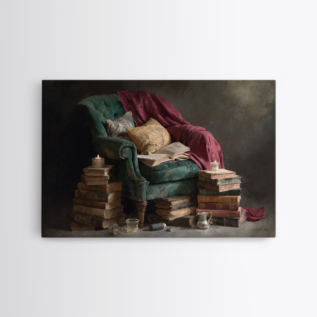 Cozy Reading Chair Still Life Without Room Canvas Print, Bookstore Art, Bookish Wall Art, Bookstore Decor, Fine Art, Literary, BOO-3x2-33