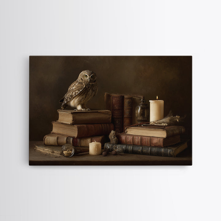 Owl Perched on a Stack of Classics Canvas Print, Bookstore Art, Book Wall Art, Bookstore Decor, Oil Painting, Literary, BOO-3x2-37