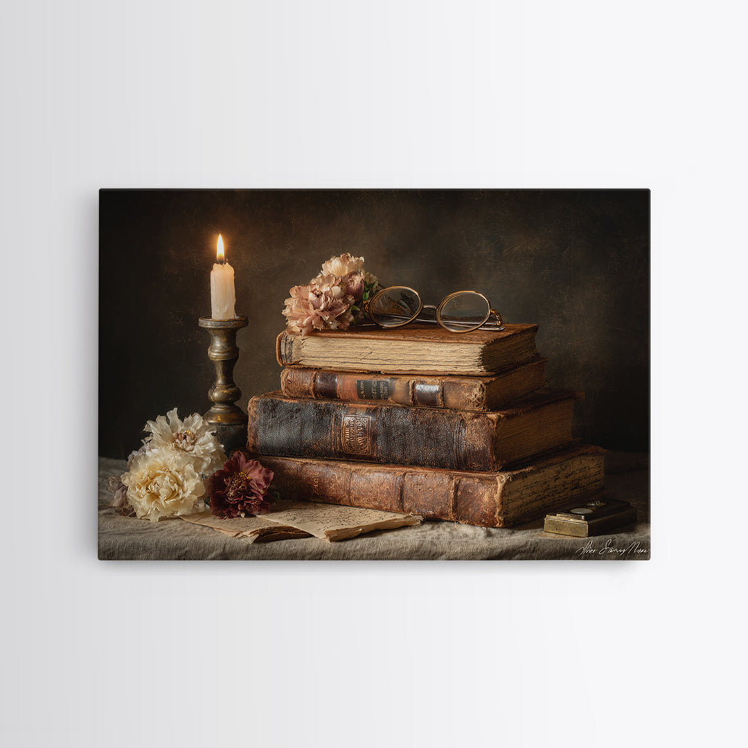 Dark Academia Candle and Book Still Life Canvas Print, Bookstore Art, Vertical Wall Art, Bookstore Decor, Fine Art, Literary, BOO-3x2-62
