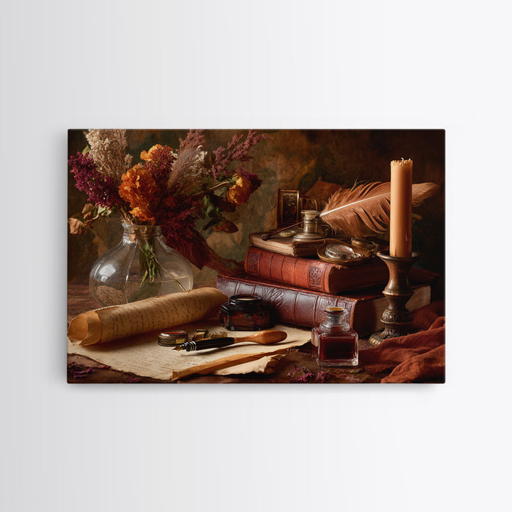 Old Fountain Pen Beside Parchment and Books Canvas Print, Bookstore Art, Book Art, Bookstore Decor, Fine Art, Literary, BOO-3x2-66
