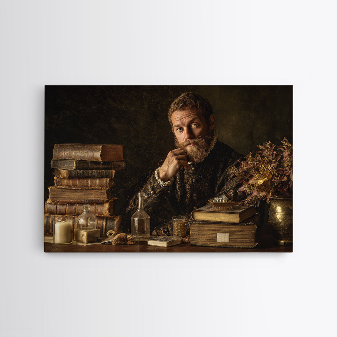 Renaissance Scholar Portrait Canvas Print, Bookstore Art, Boho Decor, Bookstore Decor, Oil Painting, Literary, Printable Art, BOO-3x2-75
