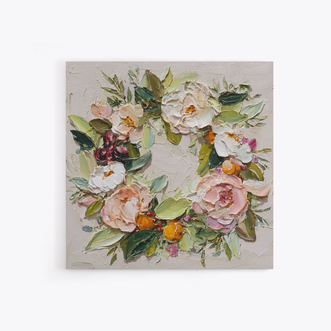 Botanical Wreath with Leaves Berries and Flowers Canvas Print, Botanical Art, Boho Wall Art, Living Room Decor, Botanic, BOT-1x1-24