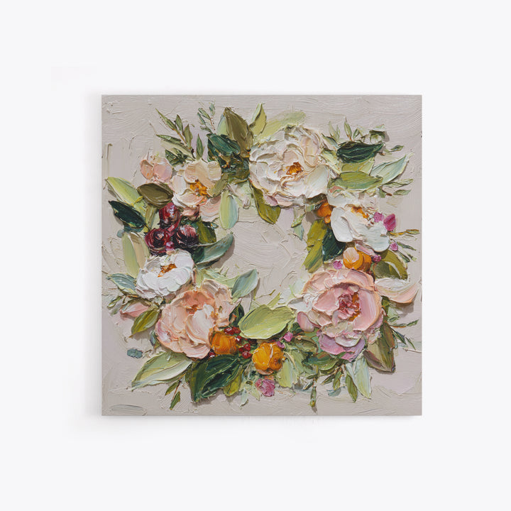 Botanical Wreath with Leaves Berries and Flowers Canvas Print, Botanical Art, Boho Wall Art, Living Room Decor, Botanic, BOT-1x1-24