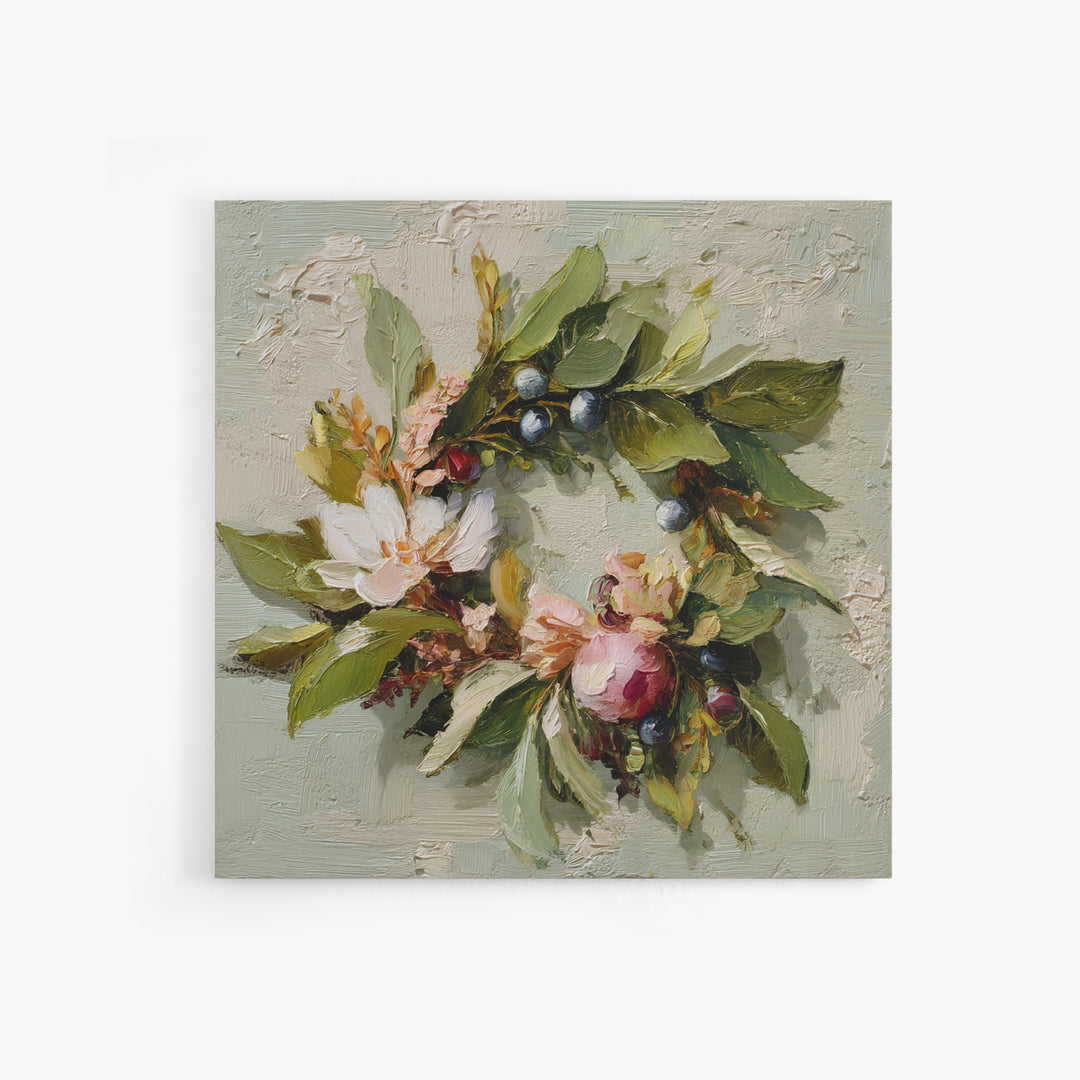 Botanical Wreath with Leaves Berries and Flowers Framed Canvas Print, Botanical Art, Art Print, Living Room Decor, Botanic, BOT-1x1-96