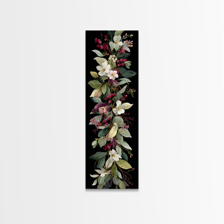 Botanical Wreath with Leaves Berries and Flowers Canvas Print, Botanical Art, Oil Painting, Living Room Decor, Botanic, BOT-1x3-60