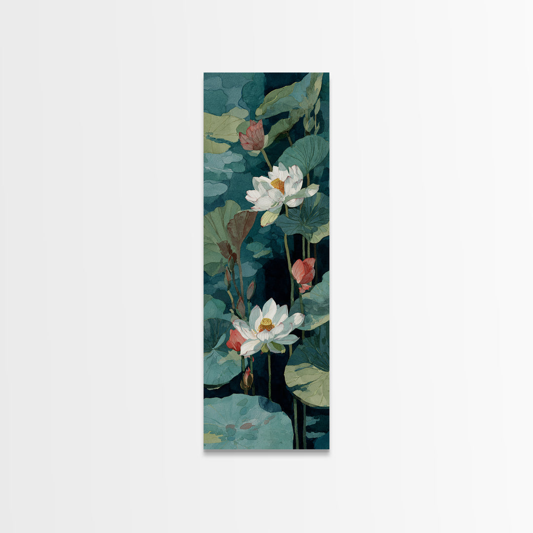 Lotus Flower and Lily Pads on Still Framed Canvas Print, Botanical Art, Sage Green Wall Art, Living Room Decor, Oil Painting, BOT-1x3-79