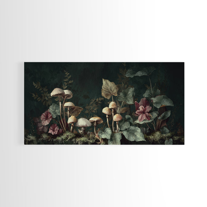 Mushrooms and Moss Botanical Field Study Framed Canvas Print, Botanical Art, Living Room Decor, Watercolor Art, Botanic, BOT-2x1-29