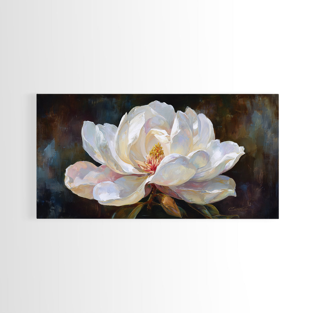 Dramatic White Magnolia on Dark Background Framed Canvas Print, Botanical Art, Art, Living Room Decor, Oil Painting, Botanic, BOT-2x1-50