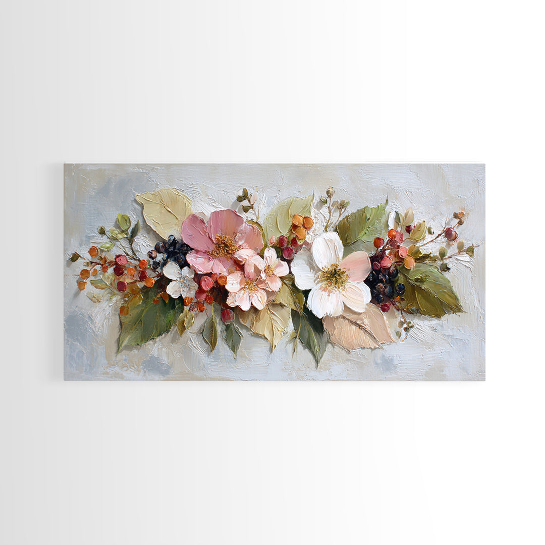 Botanical Wreath with Leaves Berries and Flowers Canvas Print, Botanical Art, Wall Art Prints, Living Room Decor, Botanic, BOT-2x1-68