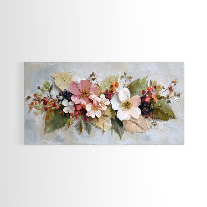 Botanical Wreath with Leaves Berries and Flowers Canvas Print, Botanical Art, Wall Art Prints, Living Room Decor, Botanic, BOT-2x1-68
