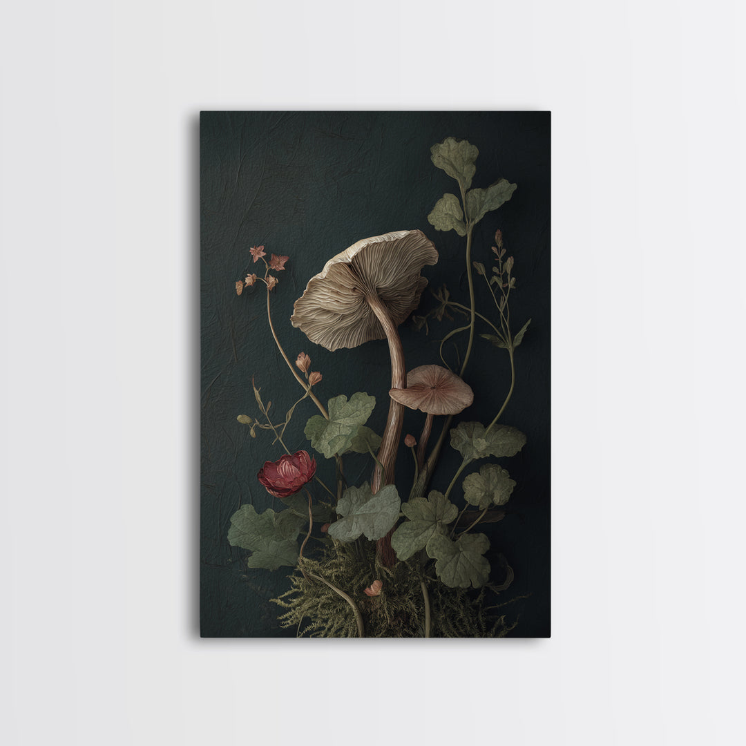 Mushrooms and Moss Botanical Field Study Framed Canvas Print, Botanical Art, Oil Painting, Living Room Decor, Fine Art, Botanic, BOT-2x3-17