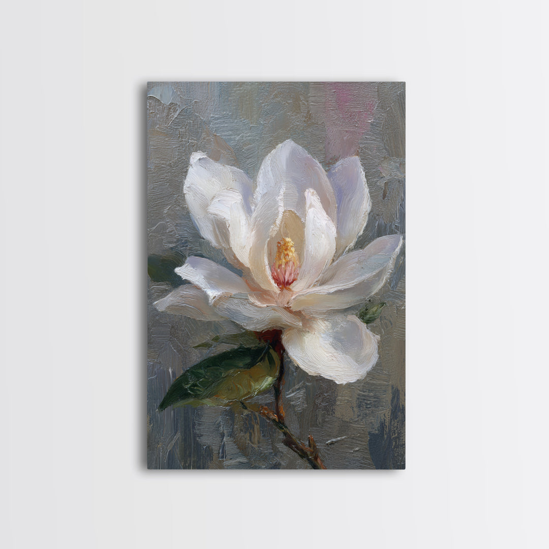 Dramatic White Magnolia on Dark Background Framed Canvas Print, Botanical Art, Art Print, Living Room Decor, Fine Art, Botanic, BOT-2x3-38