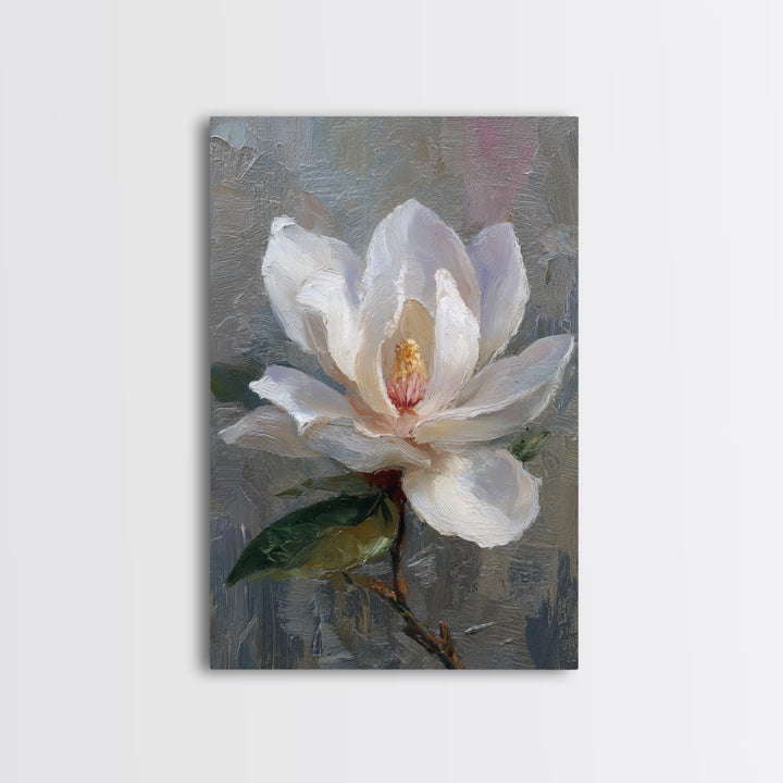 Dramatic White Magnolia on Dark Background Framed Canvas Print, Botanical Art, Art Print, Living Room Decor, Fine Art, Botanic, BOT-2x3-38