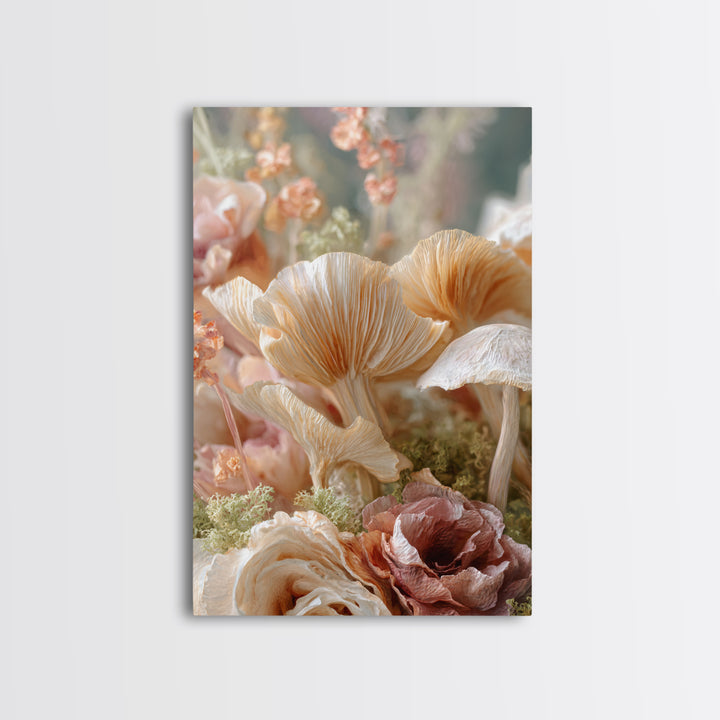 Mushrooms and Moss Botanical Field Study Framed Canvas Print, Botanical Art, Oil Painting, Living Room Decor, Fine Art, Botanic, BOT-2x3-41