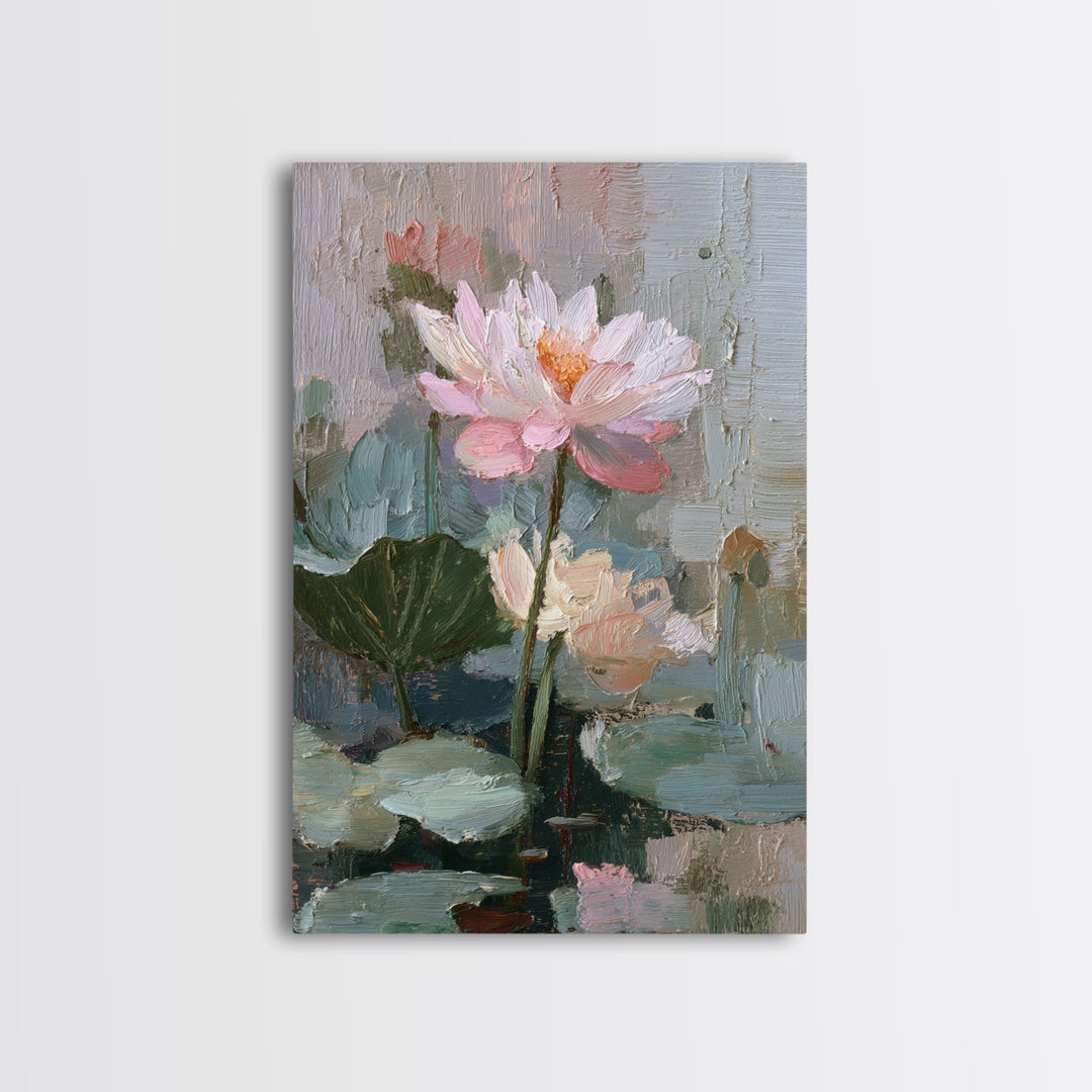 Lotus Flower and Lily Pads on Still Framed Canvas Print, Botanical Art, Living Room Decor, Watercolor Art, Botanic, BOT-2x3-75
