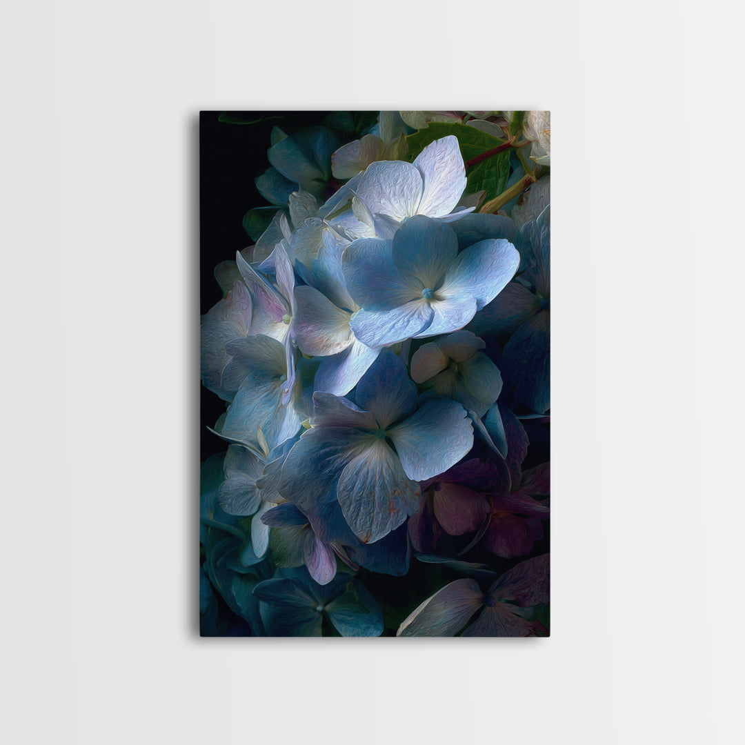 Blue Hydrangea Cluster Framed Canvas Print, Botanical Art, Wall Art Prints, Living Room Decor, Watercolor Art, Botanic, BOT-2x3-98