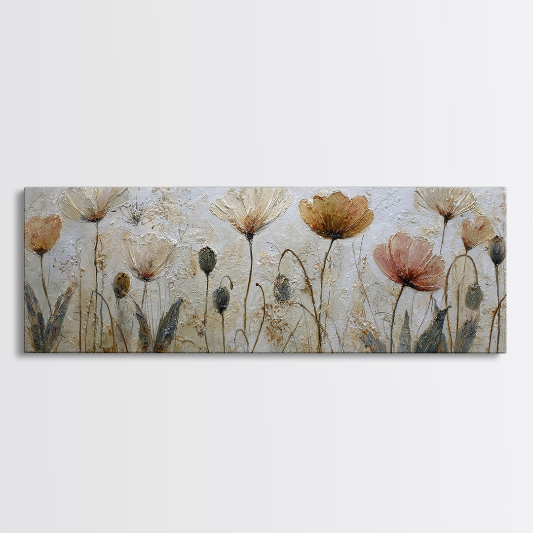 Poppy Field Botanical Study Canvas Print, Botanical Art, Whimsical Decor, Living Room Decor, Oil Painting, Botanic, BOT-3x1-33