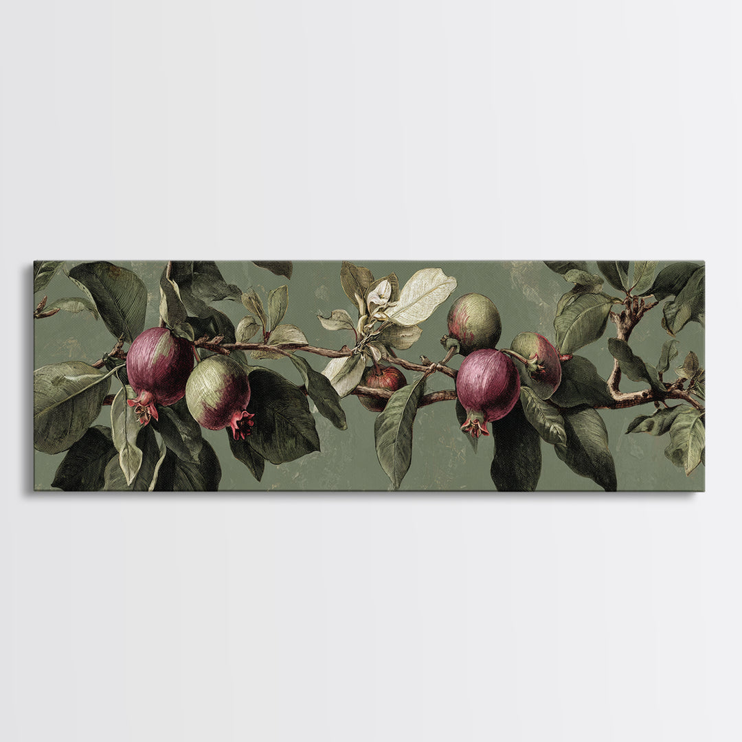 Fig Branch with Fruit and Broad Leaves Framed Canvas Print, Botanical Art, Statement Artwork, Living Room Decor, Botanic, BOT-3x1-7