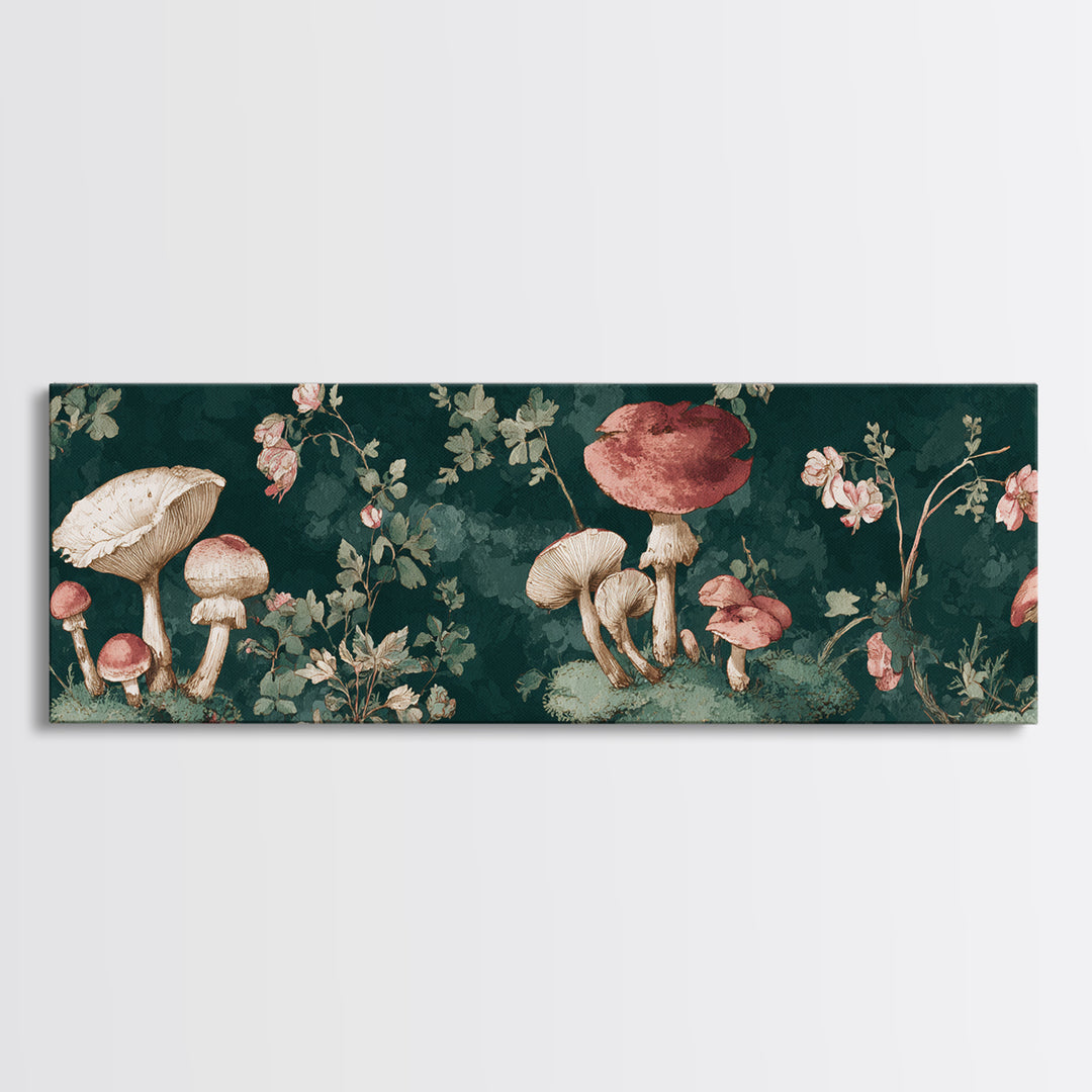 Mushrooms and Moss Botanical Field Study Framed Canvas Print, Botanical Art, Neutral Decor, Living Room Decor, Oil Painting, BOT-3x1-73
