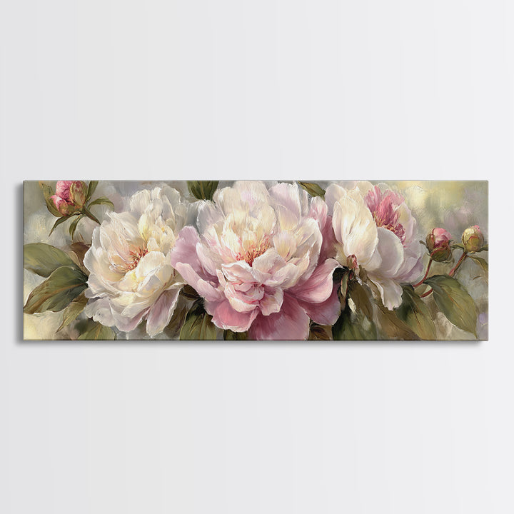 Peony Bloom with Layered Romantic Petals Framed Canvas Print, Botanical Art, Living Room Decor, Botanic, Fine Art Print, BOT-3x1-74