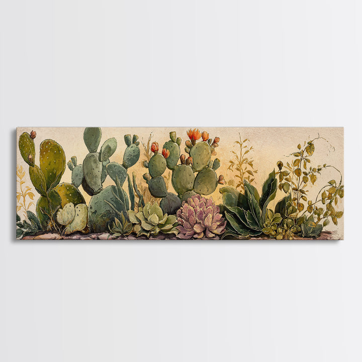 Cactus Botanical Plate Framed Canvas Print, Botanical Art, Sage Green Wall Art, Living Room Decor, Oil Painting, Botanic, BOT-3x1-77