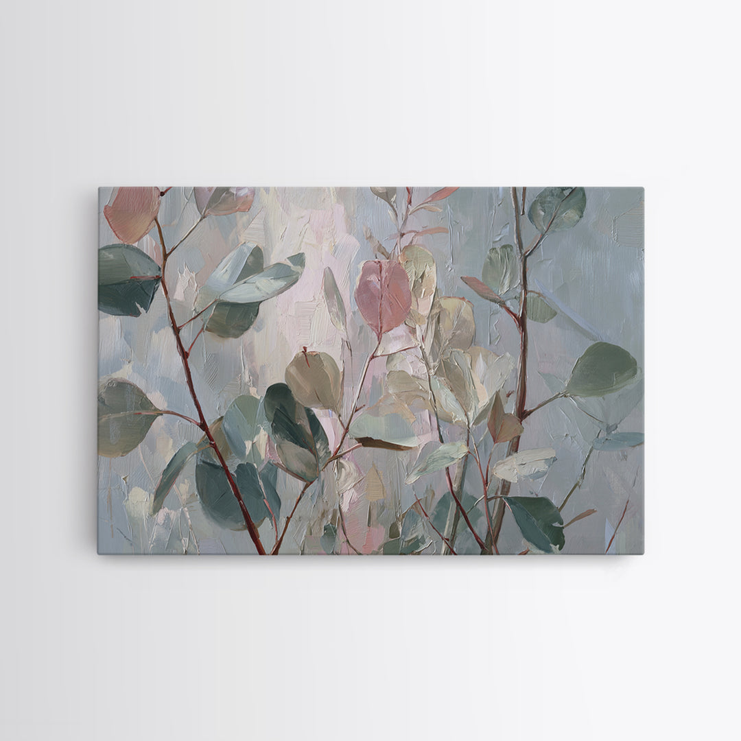 Eucalyptus Stems in Soft Sage Tones Framed Canvas Print, Botanical Art, Whimsical Decor, Living Room Decor, Oil Painting, BOT-3x2-63