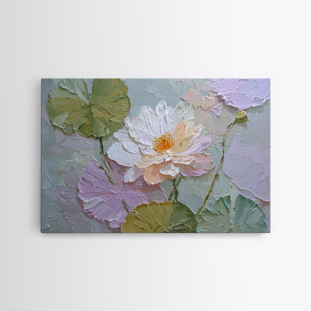 Lotus Flower and Lily Pads on Still Framed Canvas Print, Botanical Art, Living Room Wall Art, Living Room Decor, Botanic, BOT-3x2-71