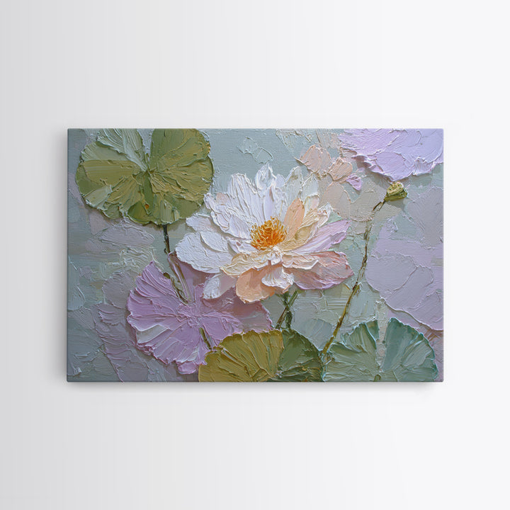 Lotus Flower and Lily Pads on Still Framed Canvas Print, Botanical Art, Living Room Wall Art, Living Room Decor, Botanic, BOT-3x2-71