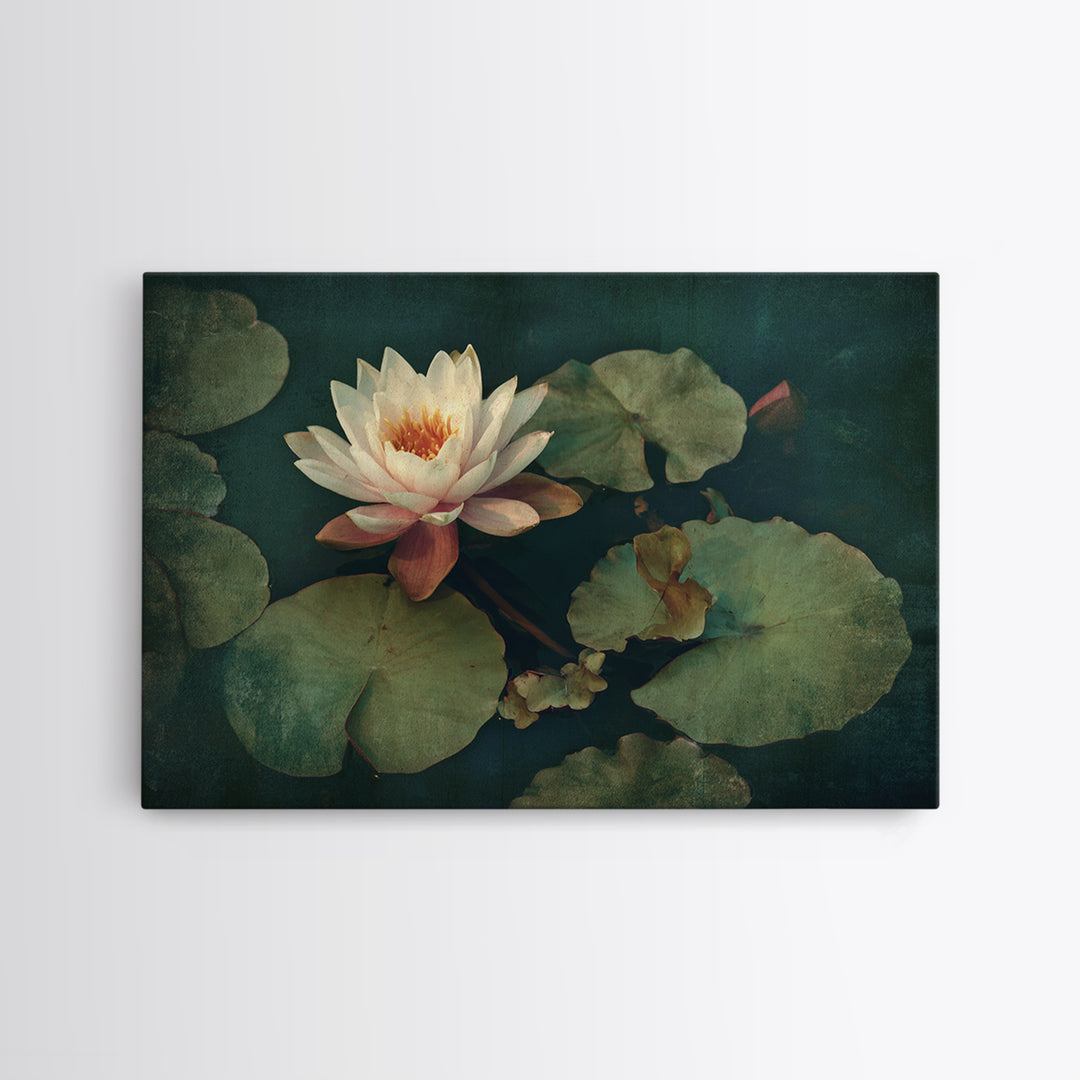 Lotus Flower and Lily Pads on Still Framed Canvas Print, Botanical Art, Living Room Decor, Watercolor Art, Botanic, BOT-3x2-95