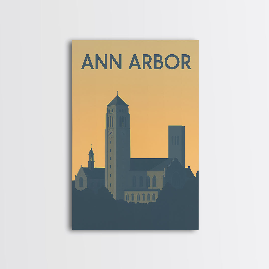 Ann Arbor Travel Poster, Framed Canvas Print, Sunset Skyline Wall Art, Ann Arbor Wall Art, Travel Wall Art, City Illustration, Wall Art